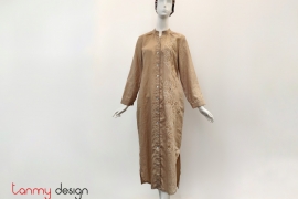Linen dress with peach blossom strip embroidery
